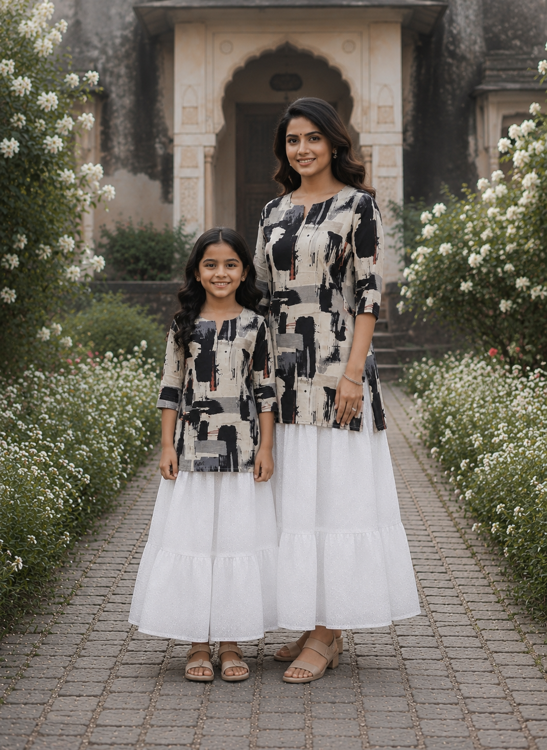 Mom & Daughter Black Abstract Print Kurta with White Tiered Skirt Set