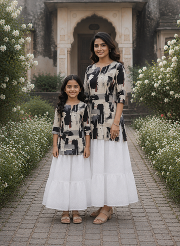 Mom & Daughter Black Abstract Print Kurta with White Tiered Skirt Set