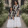 Mom & Daughter Black Abstract Print Kurta with White Tiered Skirt Set