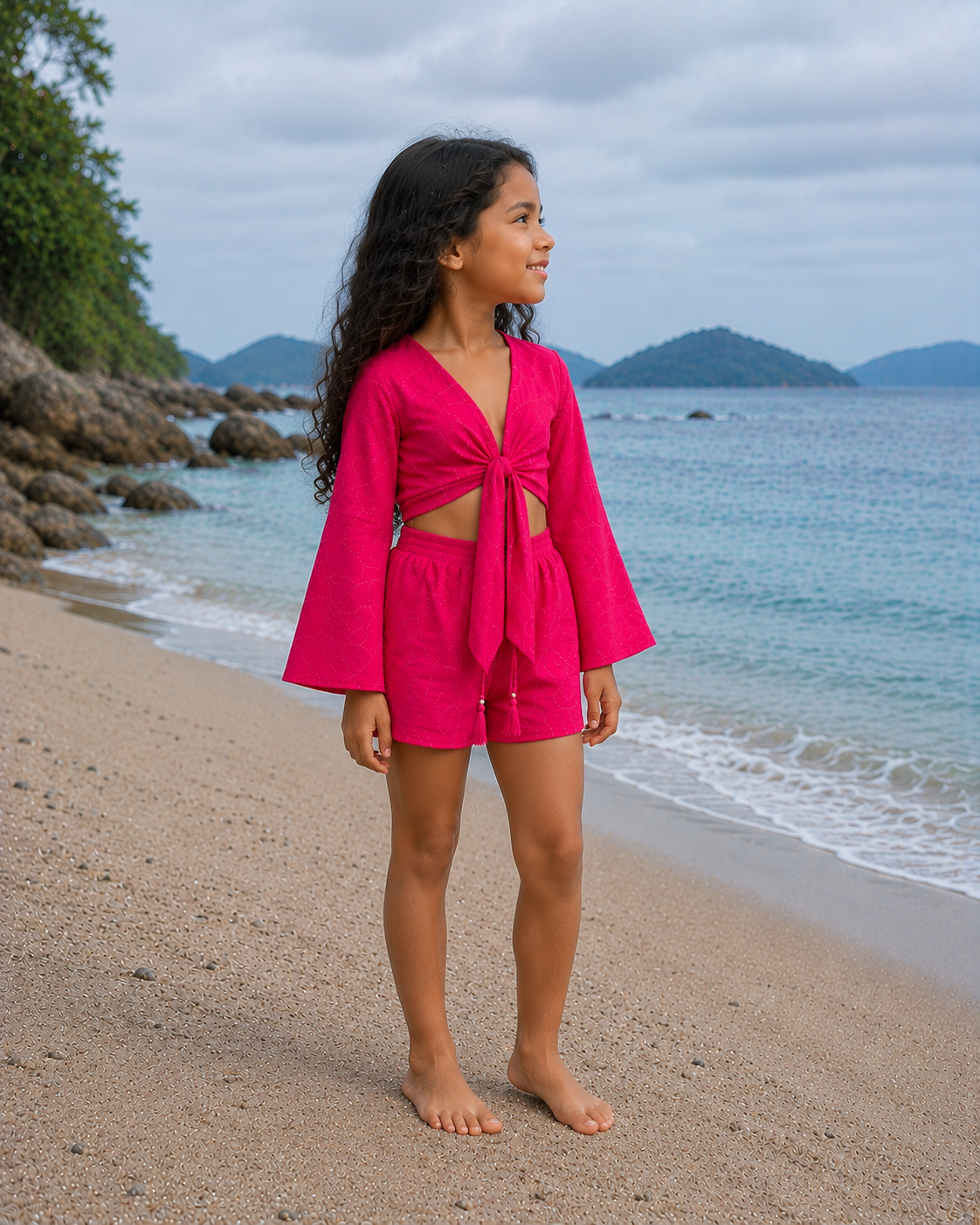 Girl’s Hot Pink Textured Cotton Beach Wear Set with Bell Sleeve Tie-Up Top & Tassel Shorts