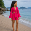 Girl’s Hot Pink Textured Cotton Beach Wear Set with Bell Sleeve Tie-Up Top & Tassel Shorts