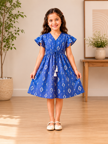 Baby Girls Cotton Blue Ikat Printed Smocked Waist Ruffle Hem Dress