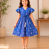 Baby Girls Cotton Blue Ikat Printed Smocked Waist Ruffle Hem Dress