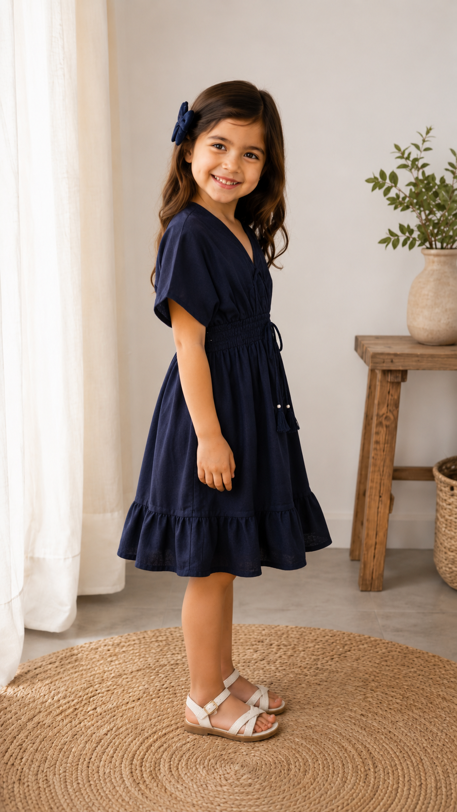 Baby Girls Solid Navy Blue Smocked Waist Tassel Tie-Up Flared Dress