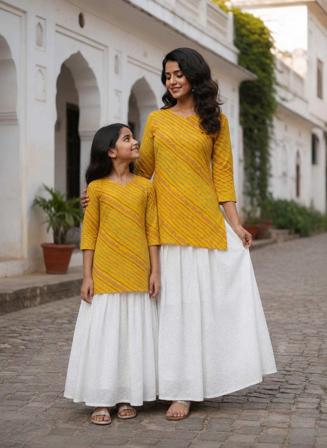 Mom & Daughter Mustard Yellow Printed Kurta with White Flared Skirt Set