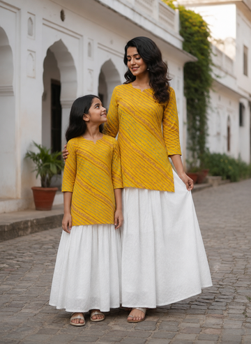 Mom & Daughter Mustard Yellow Printed Kurta with White Flared Skirt Set