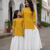 Mom & Daughter Mustard Yellow Printed Kurta with White Flared Skirt Set