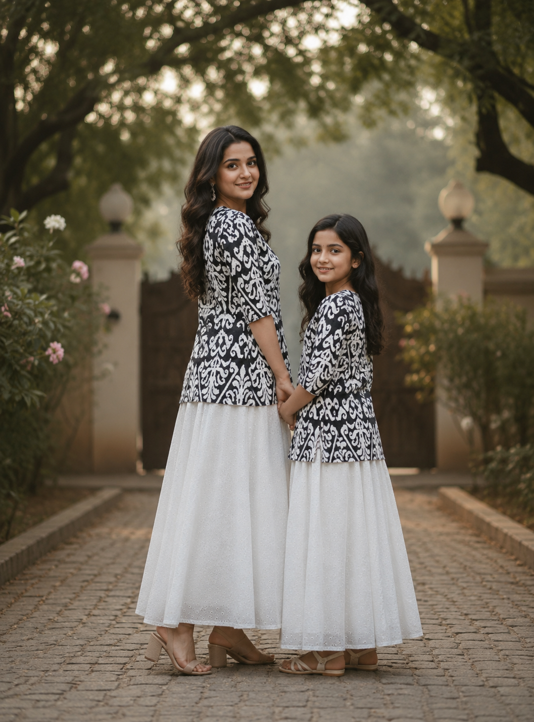 Mom & Daughter Black & White Printed Kurta with White Flared Skirt Set