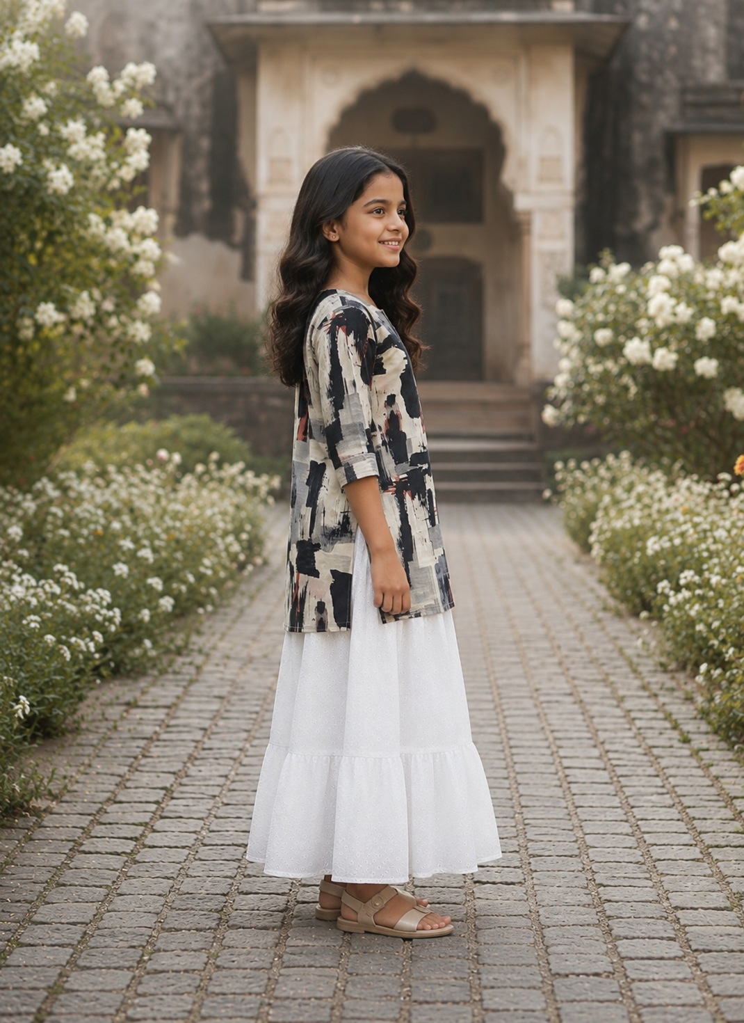 Girl's Black & White Abstract Printed Kurta with White Tiered Skirt Set