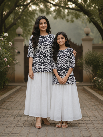 Mom & Daughter Black & White Printed Kurta with White Flared Skirt Set