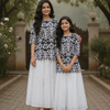 Mom & Daughter Black & White Printed Kurta with White Flared Skirt Set