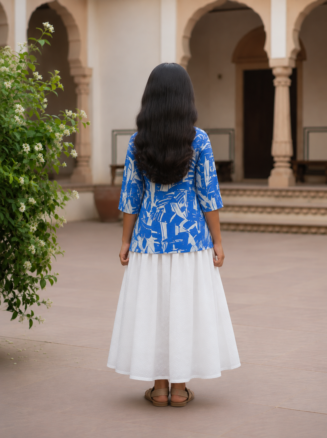 Girl's Royal Blue Abstract Printed Kurta & White Eyelet Flared Skirt Set