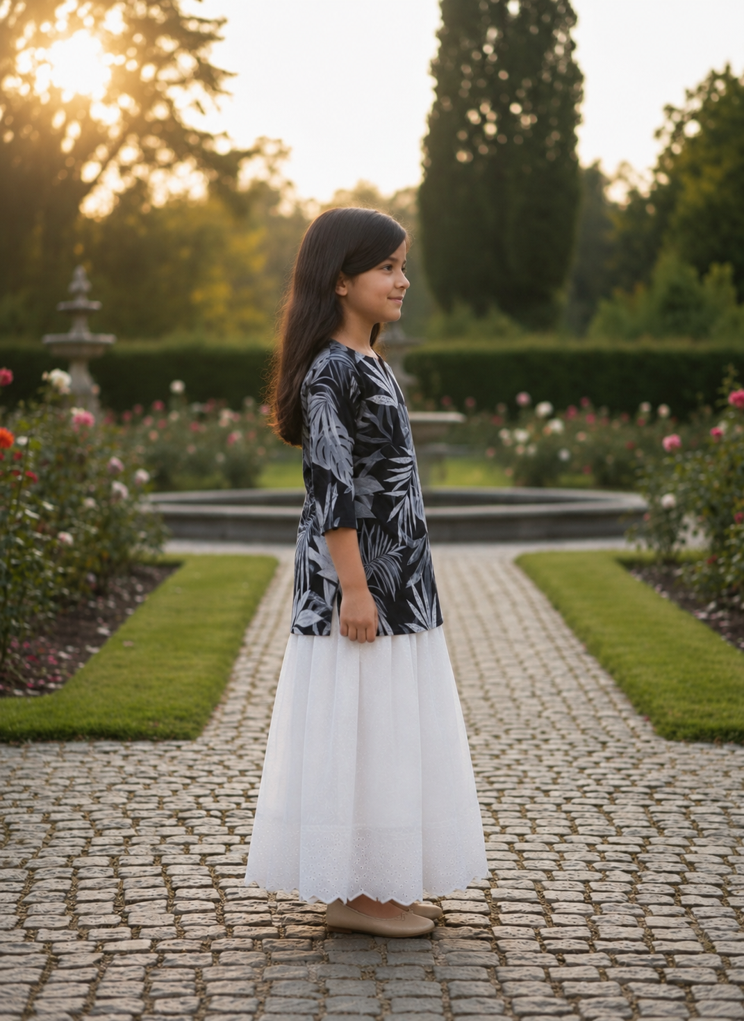 Girl's Black & White Tropical Leaf Printed Top with White Eyelet Flared Skirt Set