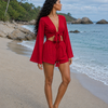 Women’s Red Textured Cotton Beach Wear Set with Bell Sleeve Tie-Up Top & Tassel Shorts