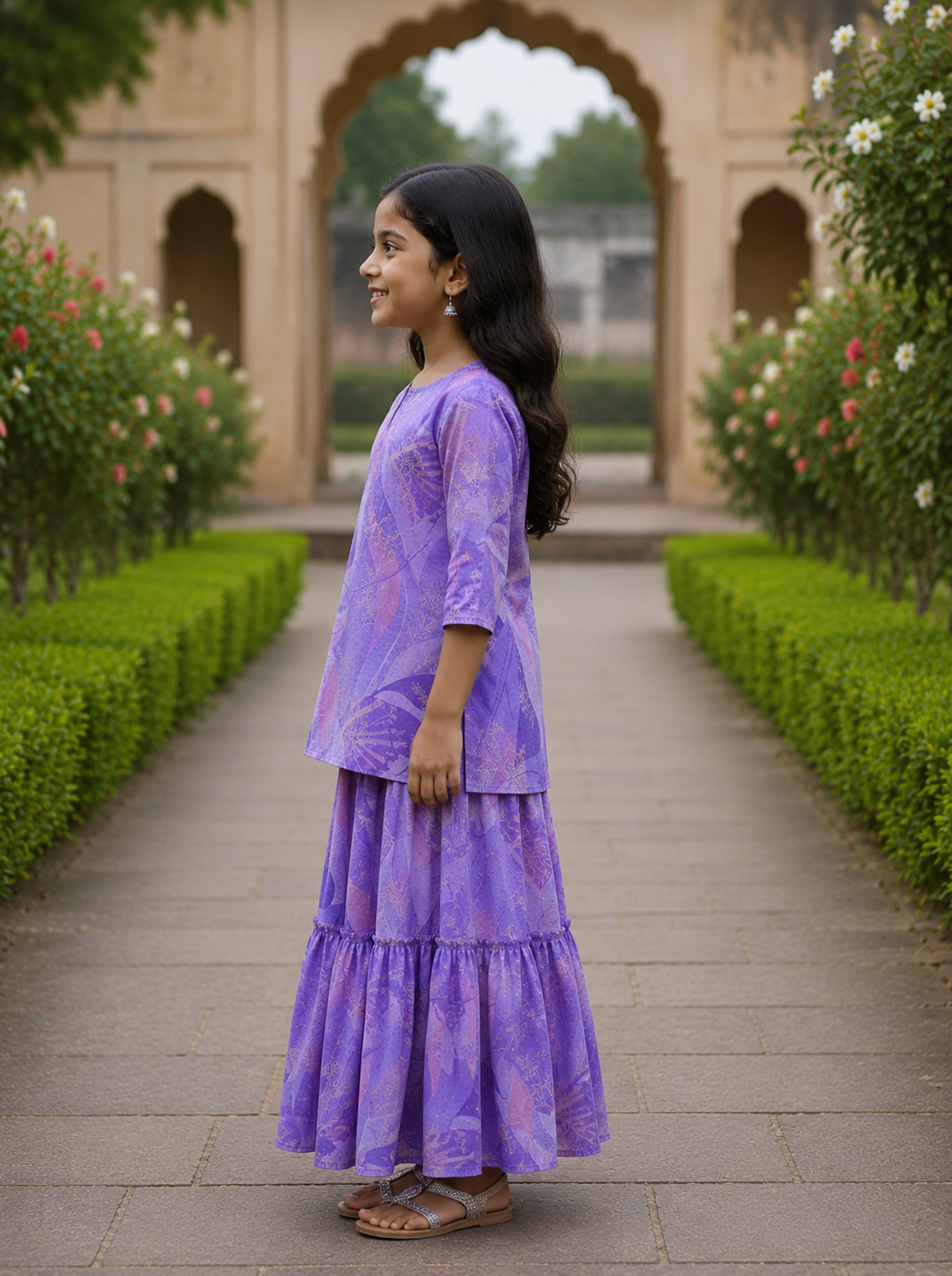 Girl's Lavender Printed Kurta with Tiered Flared Skirt Co-ord Set