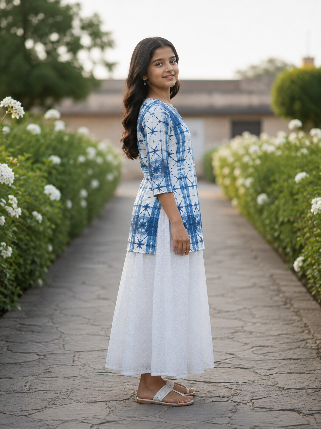 Girl's Blue Tie-Dye Printed Kurta with White Flared Skirt Set