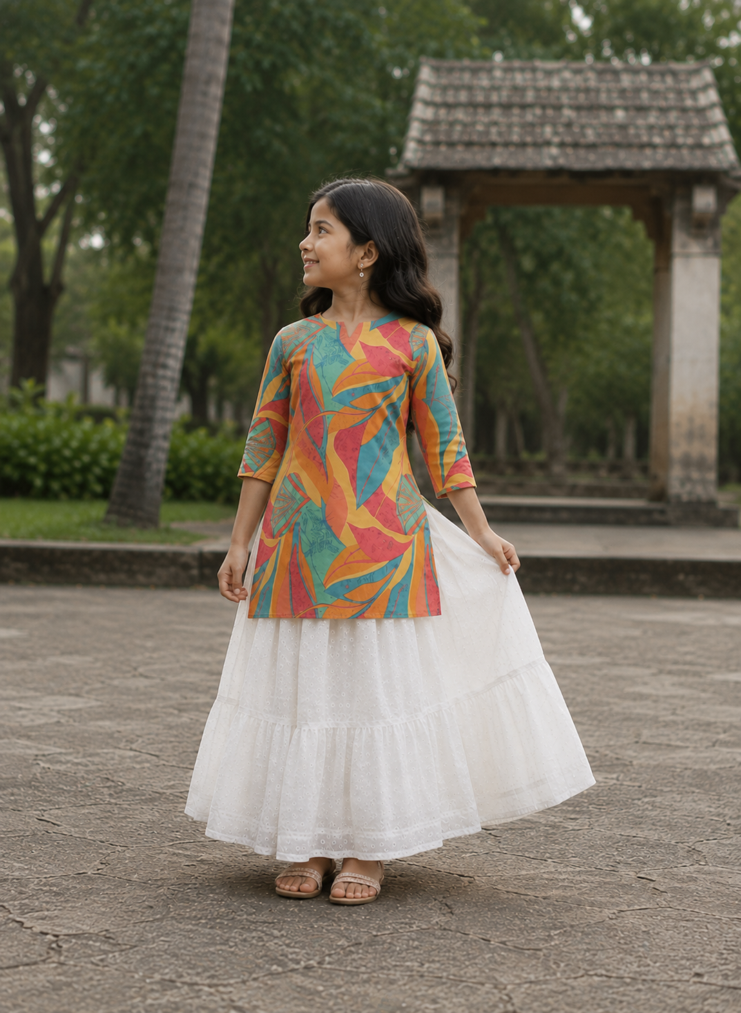 Girl's Multicolor Abstract Printed Kurta with White Tiered Skirt Set