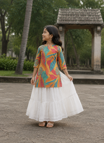 Girl's Multicolor Abstract Printed Kurta with White Tiered Skirt Set