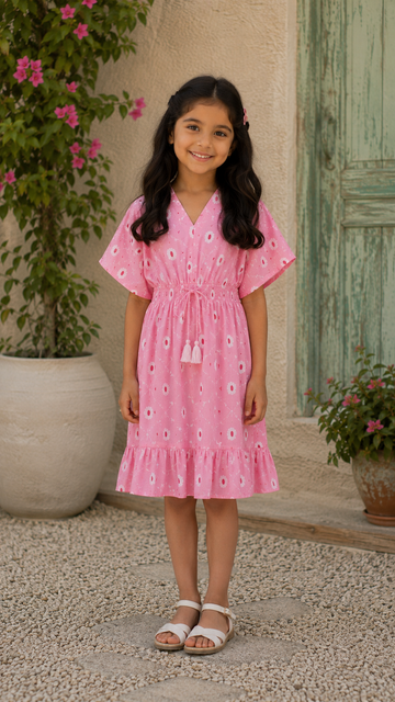 Baby Girls Cotton Pink Ikat Printed Smocked Waist A-Line Dress