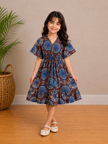 Baby Girls Boho Medallion Printed Smocked Waist Flared Midi Dress