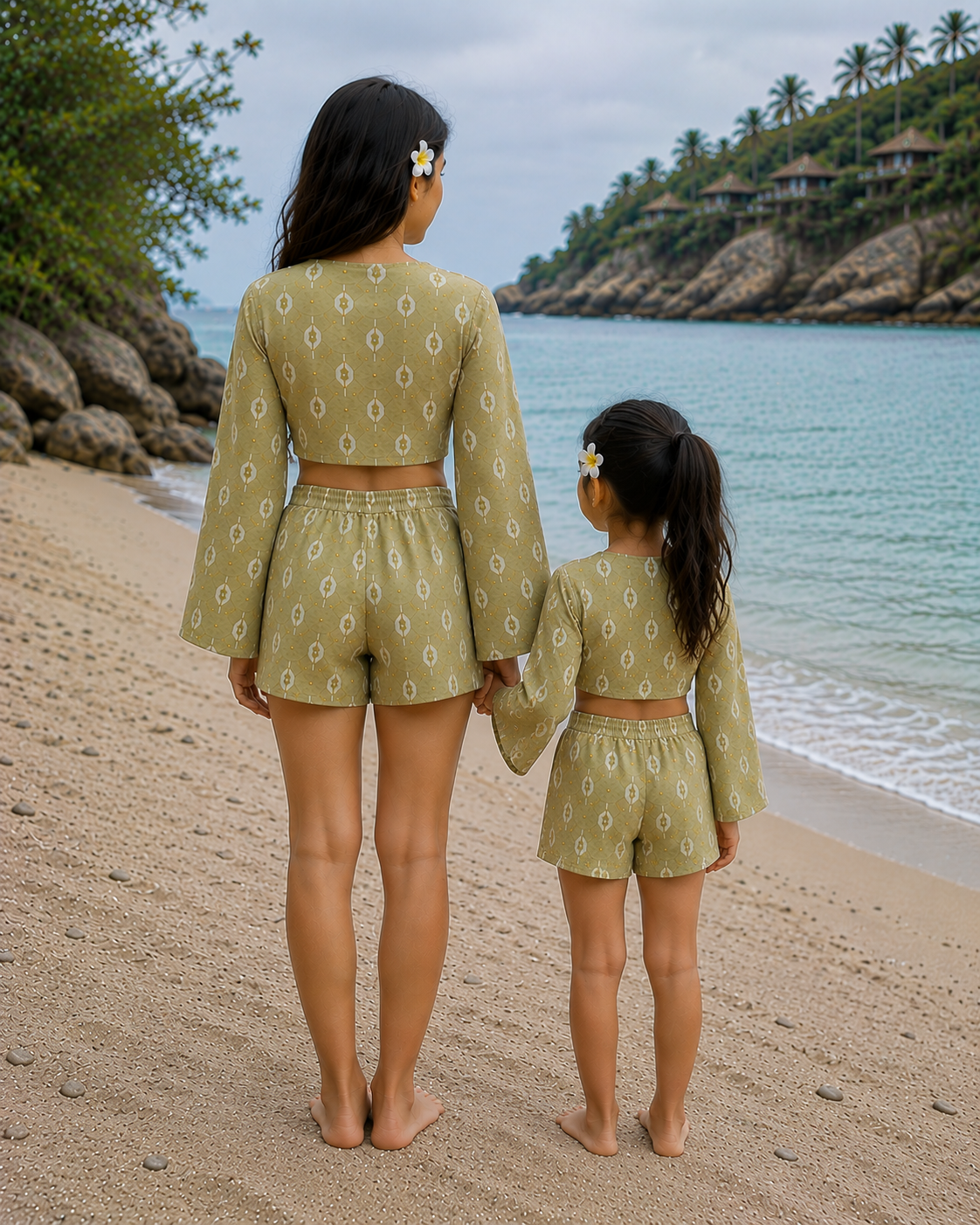 Mom & Daughter Olive Green Ethnic Printed Cotton Beach Wear Set with Bell Sleeve Tie-Up Top & Tassel Shorts