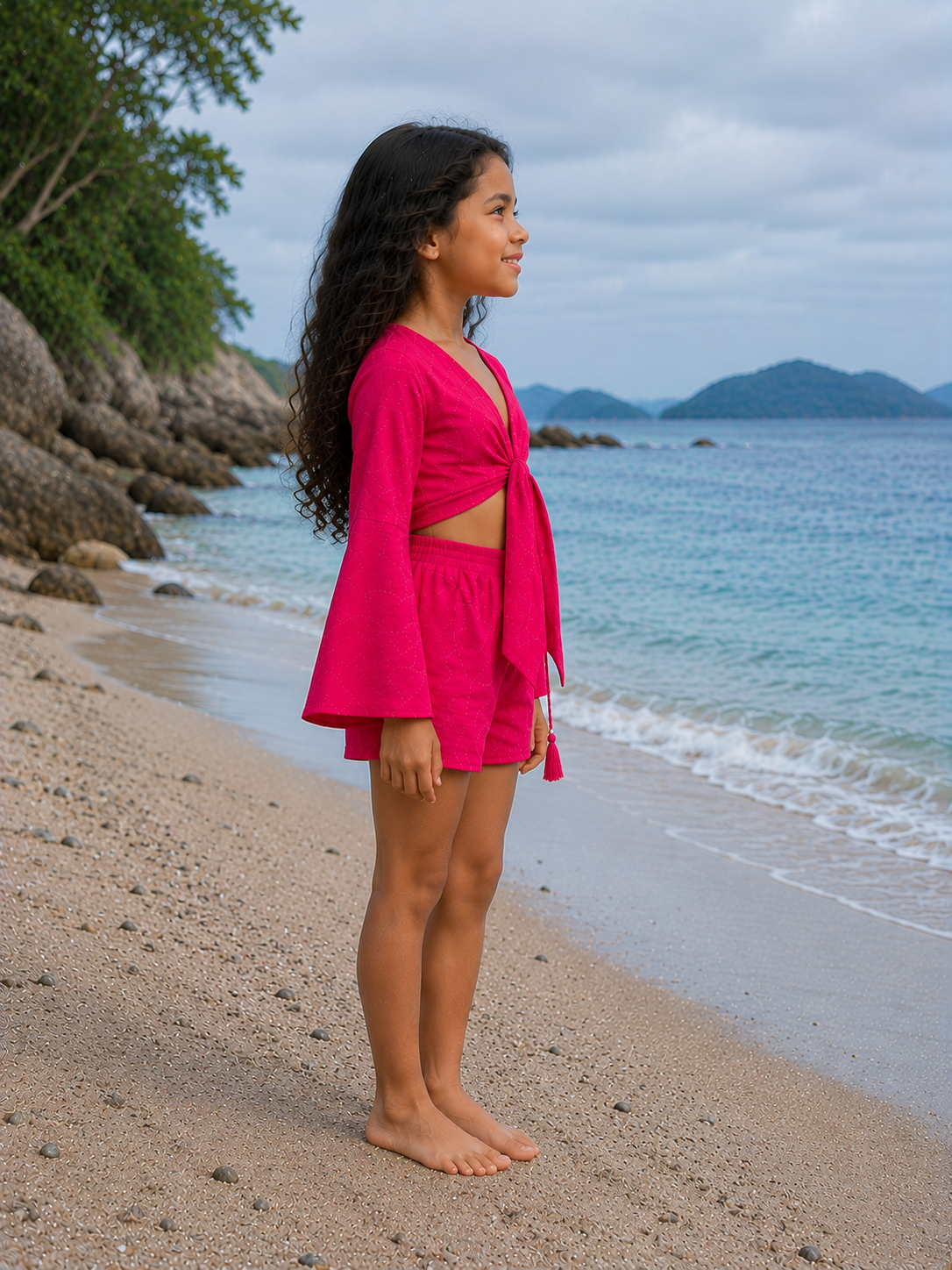 Girl’s Hot Pink Textured Cotton Beach Wear Set with Bell Sleeve Tie-Up Top & Tassel Shorts