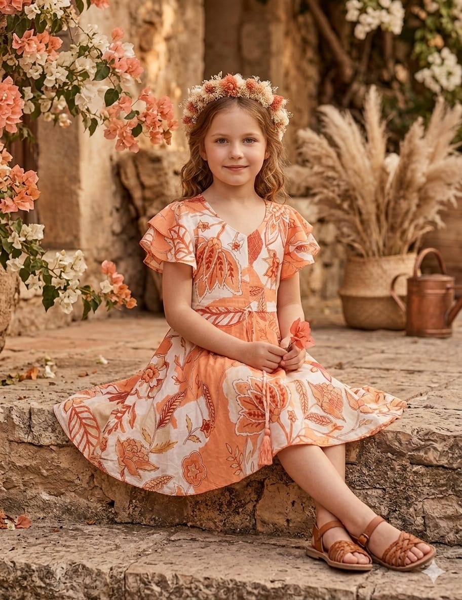 Baby Girls Orange Floral Printed Cotton Umbrella Style A-Line Dress with Flutter Sleeves