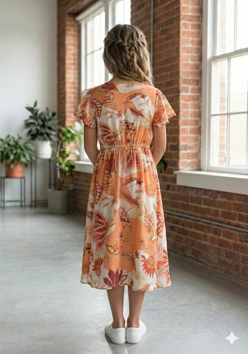 Baby Girls Cotton Orange Floral Printed Umbrella Style A-Line Dress