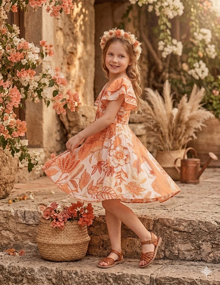 Baby Girls Orange Floral Printed Cotton Umbrella Style A-Line Dress with Flutter Sleeves