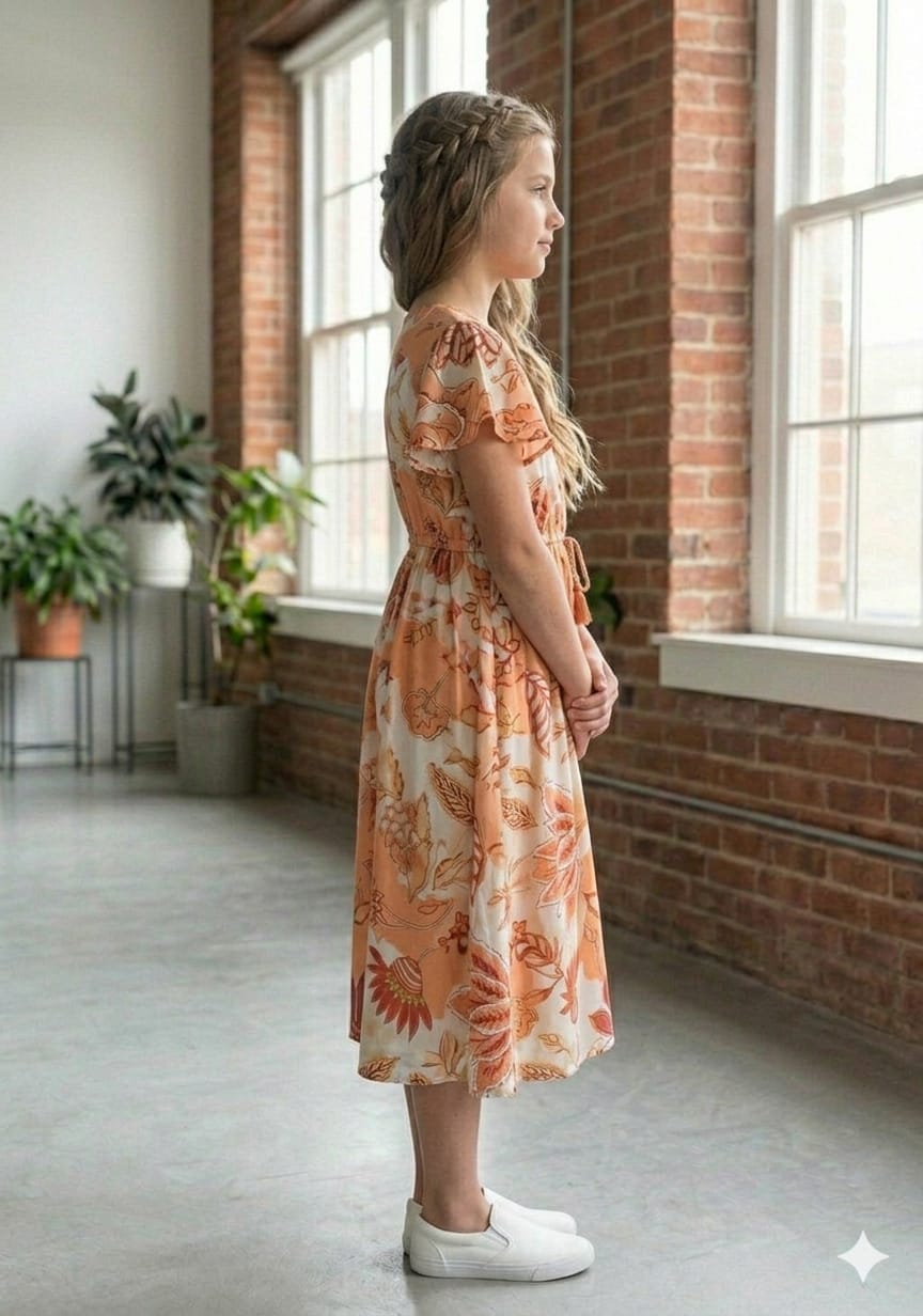 Baby Girls Cotton Orange Floral Printed Umbrella Style A-Line Dress