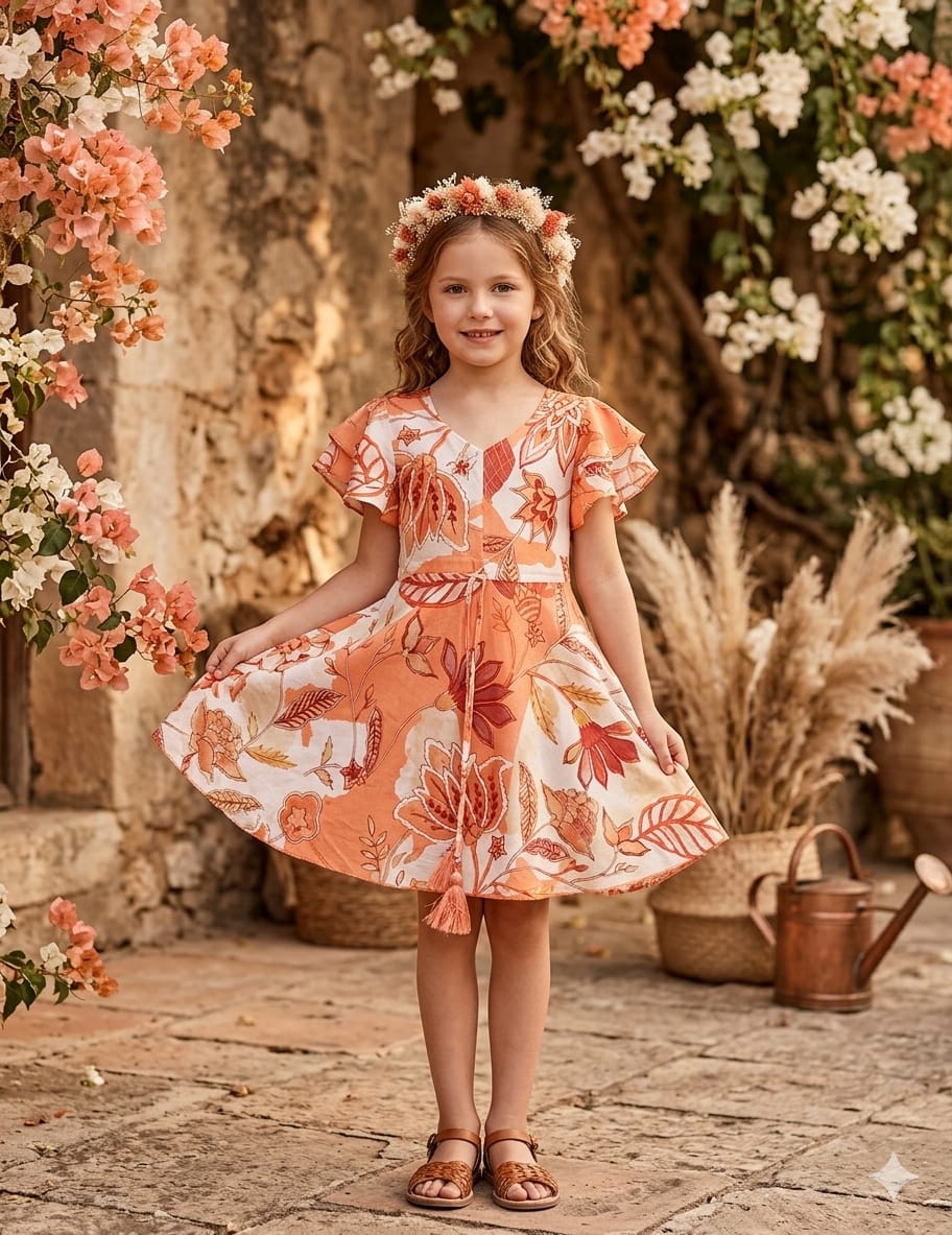 Baby Girls Orange Floral Printed Cotton Umbrella Style A-Line Dress with Flutter Sleeves
