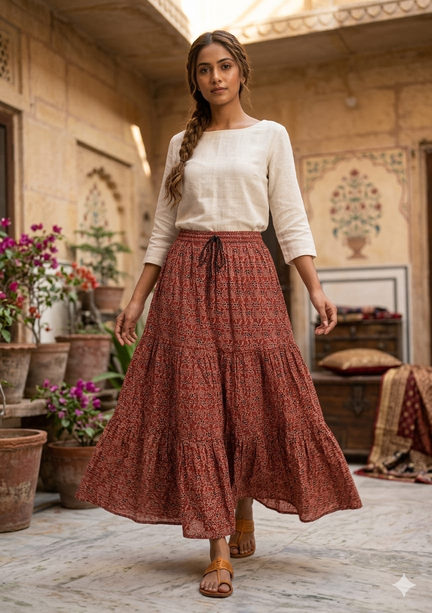 Women’s Rust Red Floral Printed Cotton Tiered Maxi Skirt