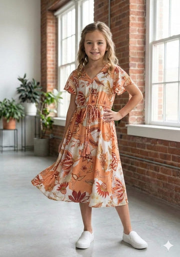 Baby Girls Cotton Orange Floral Printed Umbrella Style A-Line Dress