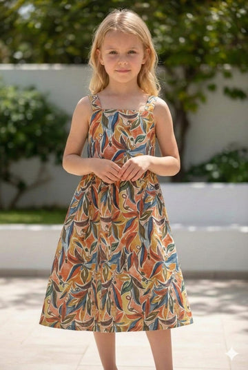 Baby Girls Cotton Tropical Leaf Printed Strappy Midi A-Line Dress with Back Button-Down Style