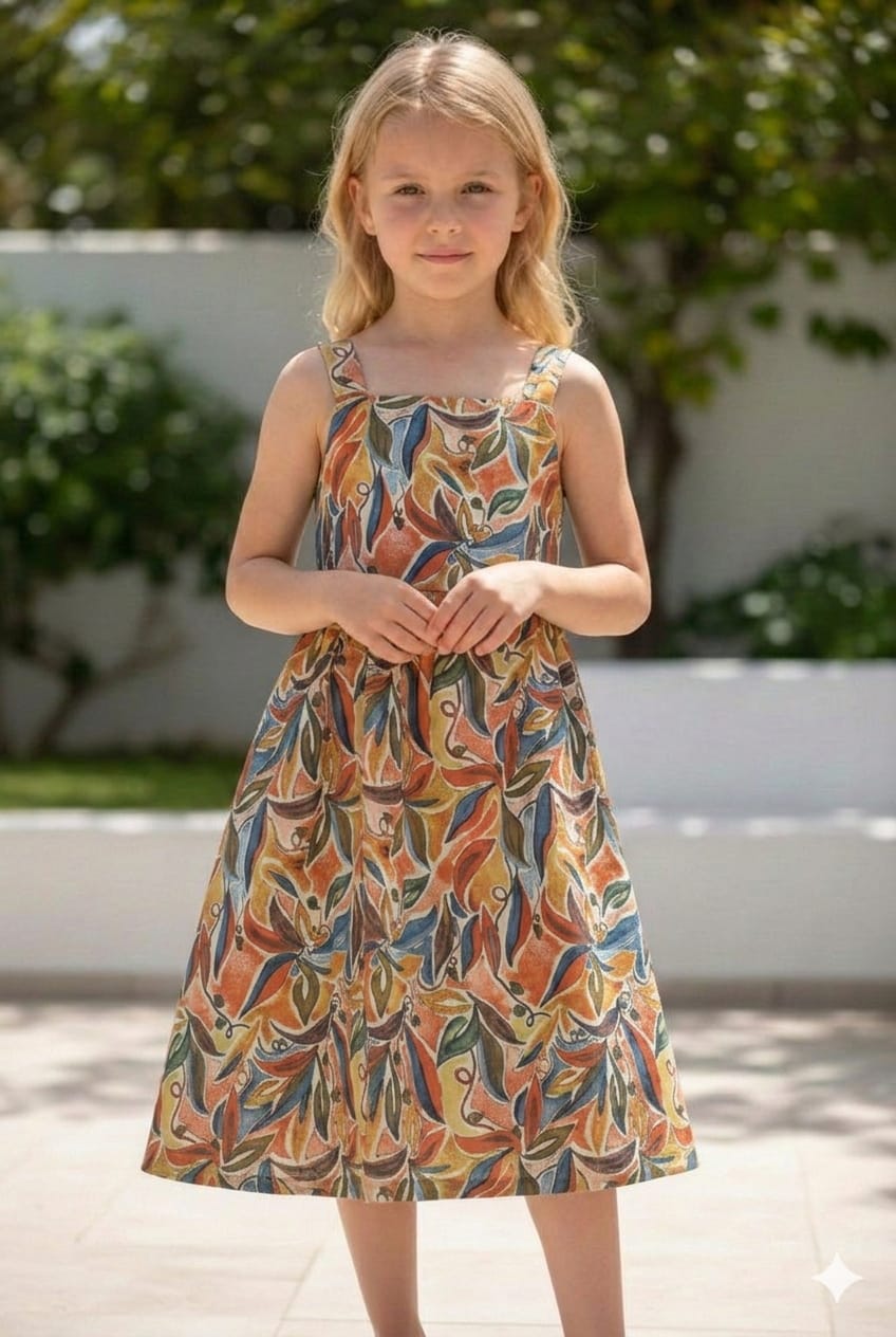 Baby Girls Cotton Tropical Leaf Printed Strappy Midi A-Line Dress with Back Button-Down Style
