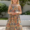 Baby Girls Cotton Tropical Leaf Printed Strappy Midi A-Line Dress with Back Button-Down Style