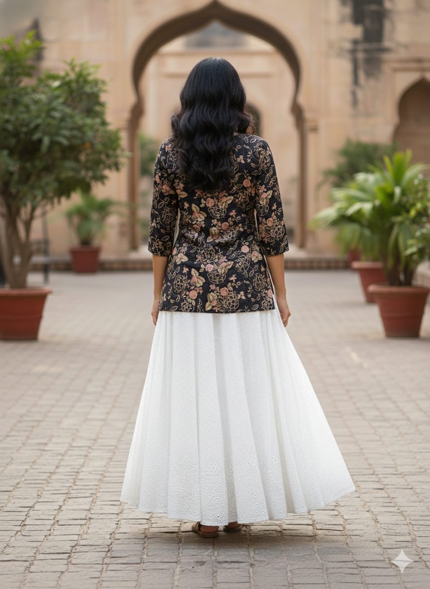 Women’s Gold Rose Floral Printed Cotton Kurta with Chikankari Flared Skirt Set