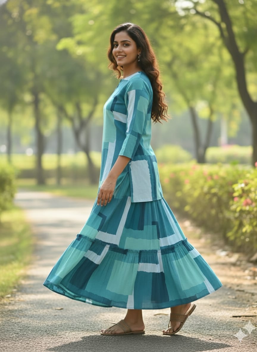 Women’s Green Box Abstract Printed Rayon Kurta with Flared Skirt Set