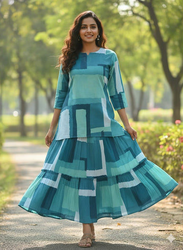 Women’s Green Box Abstract Printed Rayon Kurta with Flared Skirt Set