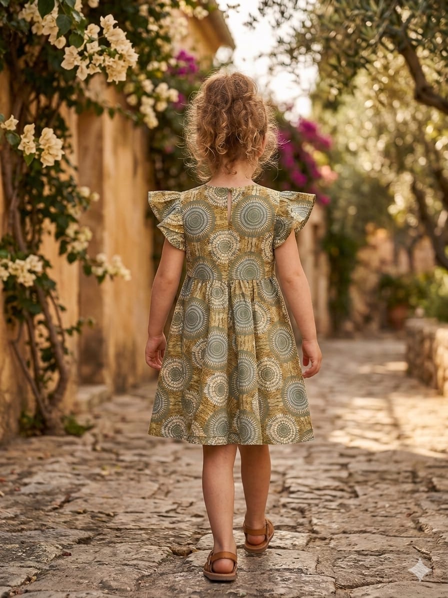 Baby Girls Green Circular Printed Cotton Umbrella Style A-Line Dress with Flutter Sleeves