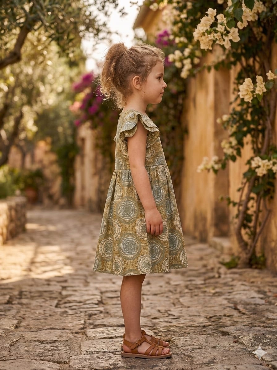 Baby Girls Green Circular Printed Cotton Umbrella Style A-Line Dress with Flutter Sleeves