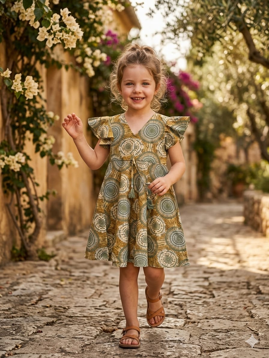 Baby Girls Green Circular Printed Cotton Umbrella Style A-Line Dress with Flutter Sleeves