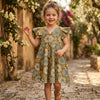 Baby Girls Green Circular Printed Cotton Umbrella Style A-Line Dress with Flutter Sleeves