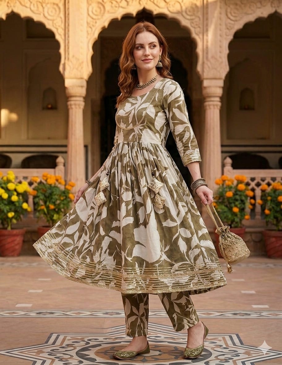 Women’s Green Leaf Print Cotton Anarkali Kurta Set