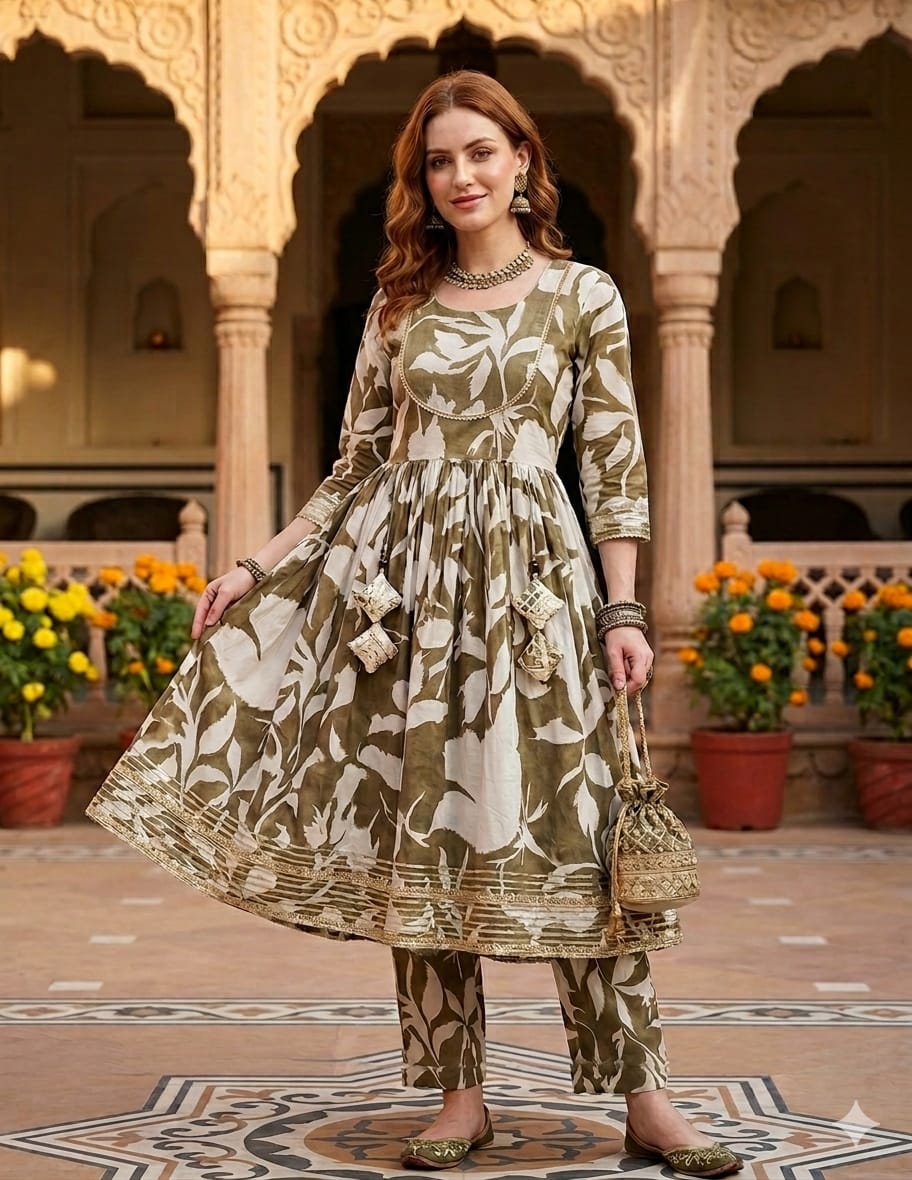 Women’s Green Leaf Print Cotton Anarkali Kurta Set