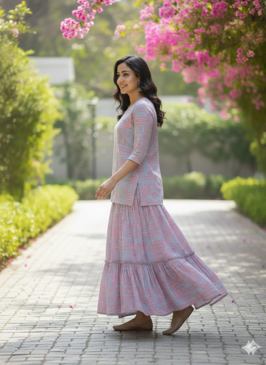 Women’s Pink Box Abstract Printed Rayon Kurta with Flared Skirt Set