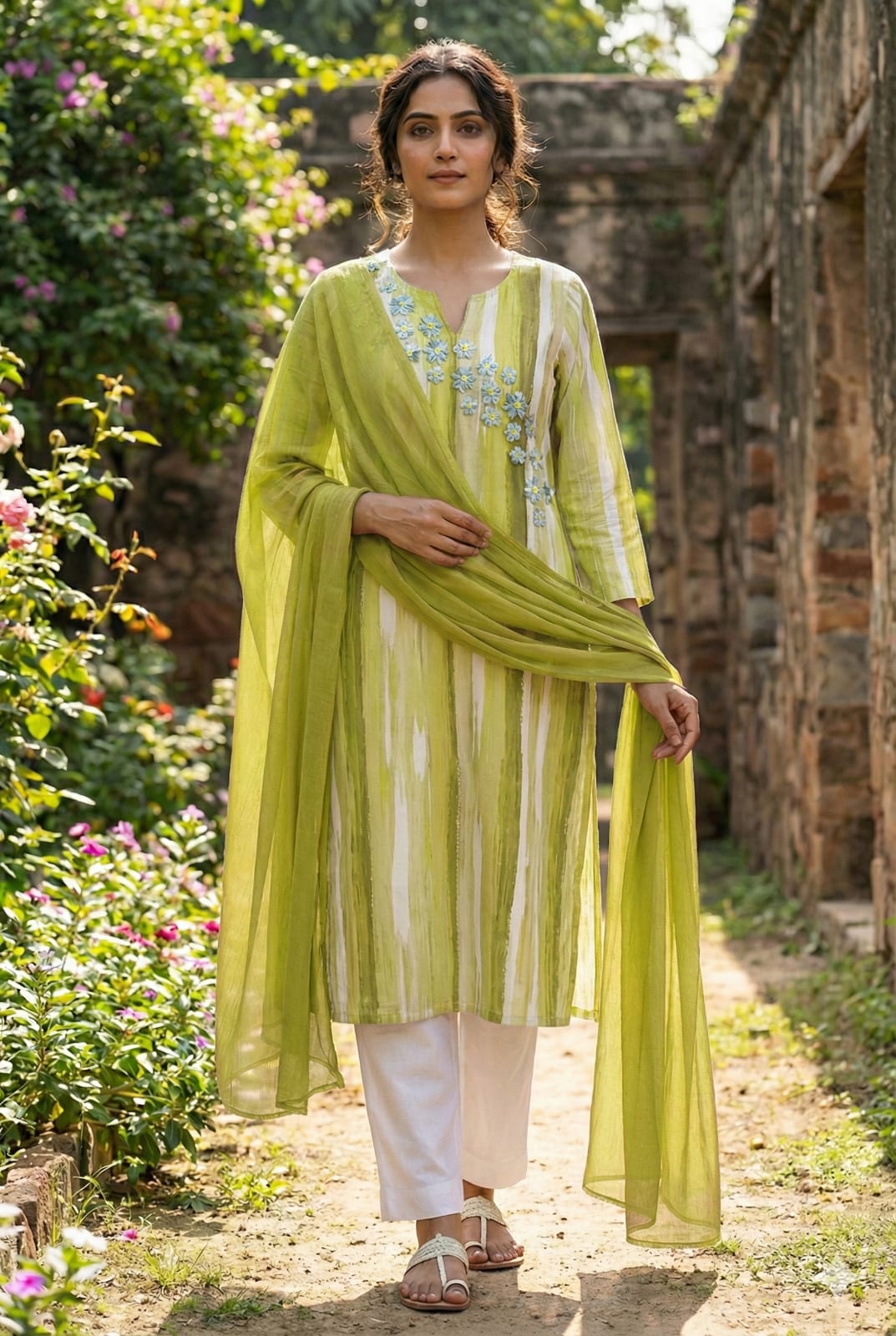 Women’s Green Handcrafted Printed Cotton Straight Kurta Set with Dupatta