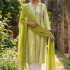 Olive Green Striped Cotton Kurta Set with Floral Embroidery & Dupatta