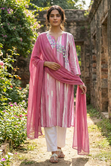Women’s Pink Handcrafted Printed Cotton Straight Kurta Set with Dupatta