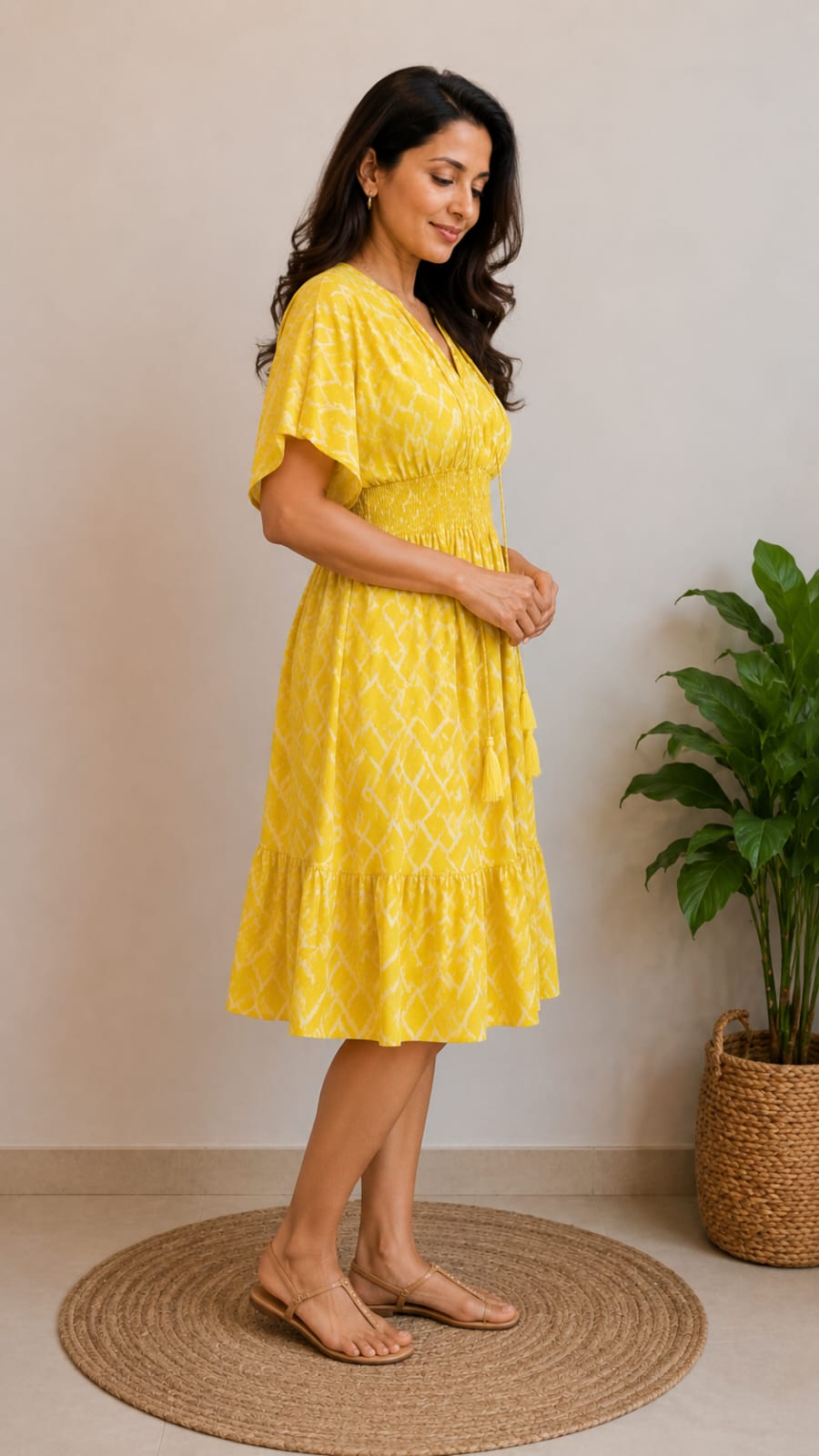 Women Yellow Abstract Printed Smocked Waist Flared Midi Dress